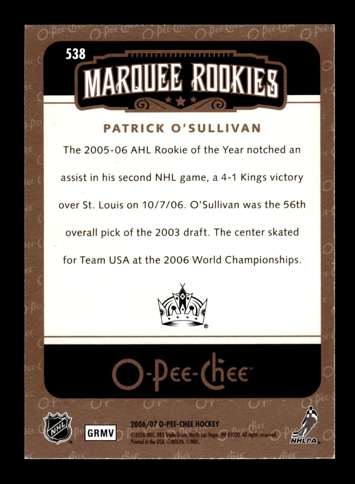 5-01-04 PWE . 2006-07 ud opc o-pee-chee #538 patrick o'sullivan rc rookie - Image 2 of 2