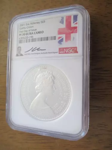2021 Alderney 2 Oz. Silver New Gothic Crown FDI Jody Clark Signed NGC PF 70