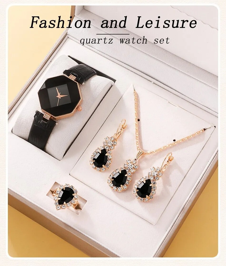 Parure Luxe Femme – Montre + 4 Bracelets – Cuir Blanc, Cadran Doré – NEUF étiquettes