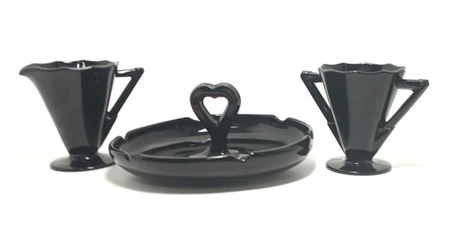 Black Amethyst Art Deco MCM Sugar Creamer  LE Smith Candy Dish Heart Handle