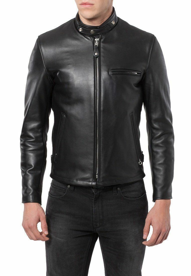 Leather Jacket Men's Biker Coat Racer Motorcycle Cafe Vintage Lambskin Black 40-image