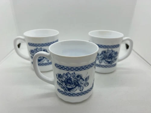 Arcopal France Milk Glass Mugs Cups HONORINE Blue Floral Coffee Mug Tea (3 Mugs)