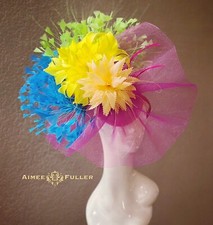 Aimee Fuller Yellow Turquoise Blue Fascinator Hot Pink Peach Kentucky Derby Hat