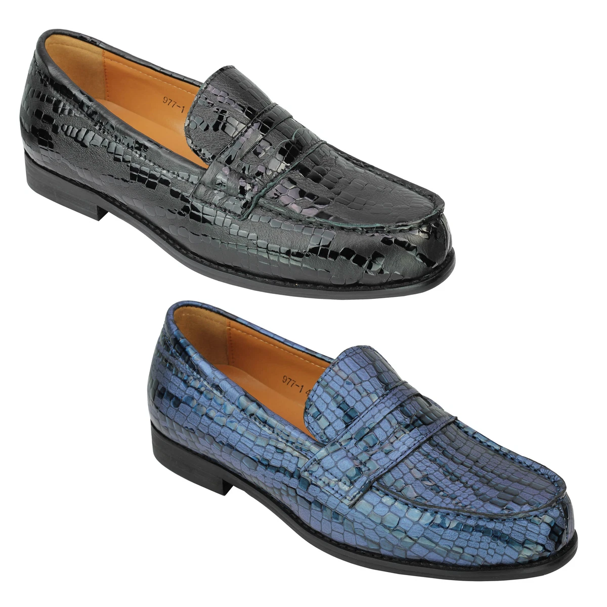 Mens Real Leather Snake Print Patent Shiny English Penny Loafers Driving Shoes
