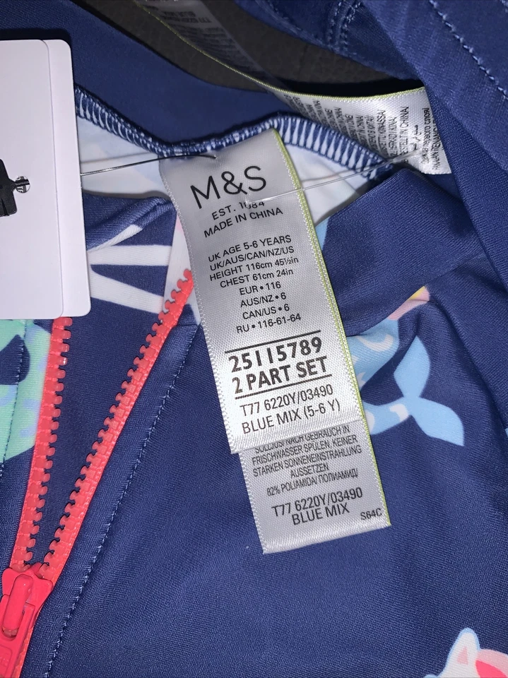BNWT KIDS M&S BLUE UNICORN/MERMAID UPF50+ UV SUNSUIT SUNSAFE SWIM SUIT/HAT-5-6YR - Image 2 of 4