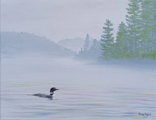 Scott Patton Art: "Foggy Lake Loon" Original North Woods Wildlife Painting