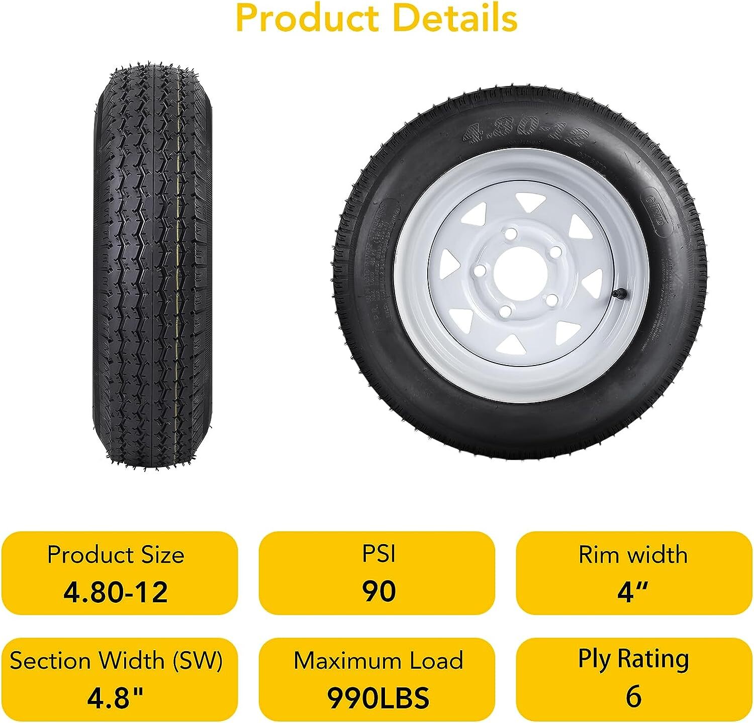 2Pack 4.8012 48012 4.80x12 Trailer Tire On 12'' Rims, 5 Lug, 6PR