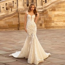 Luxury Mermaid Wedding Dress Spaghetti Straps 3D Flower Lace Beaded Bridal Gown