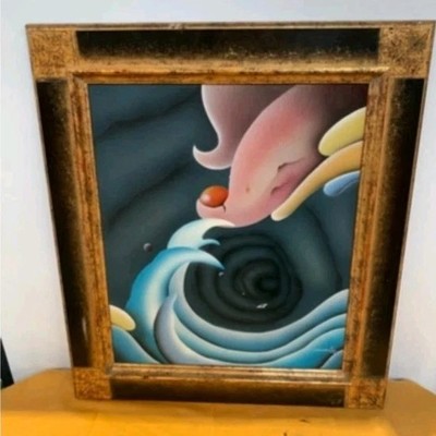 Haventy seltene Vintage Kunst 80er signierter Großdruck im verzierten Holzrahmen 80x69cm
