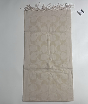 Coach Beige Logo Knit Wool Cashmere Blend Fringe Scarf Wrap Women