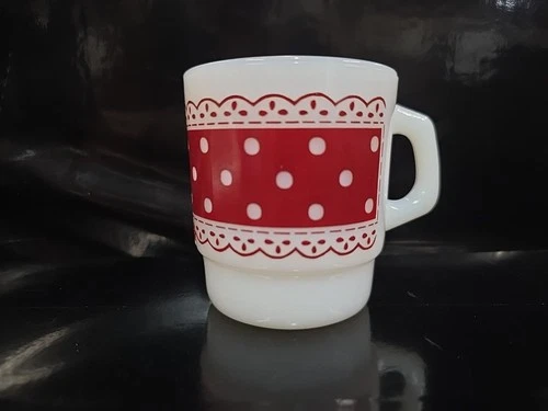 Vintage Fire King Anchor Hocking Red Polka Dots Lace Milk Glass Coffee Cup Mug