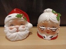 Vintage Ceramic Christmas Santa Head  Mrs Claus S  P Shakers Made In Japan