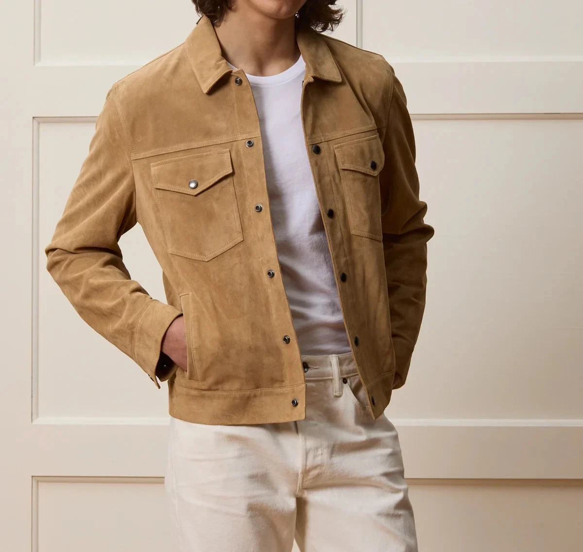 Mens Tan Leather Trucker Jacket Pure Suede Custom Made Size S M L XL 2XL 3XL