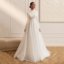 Arabian Beading High Neck Wedding Dresses Lace Appliques A-Line Bridal Gowns