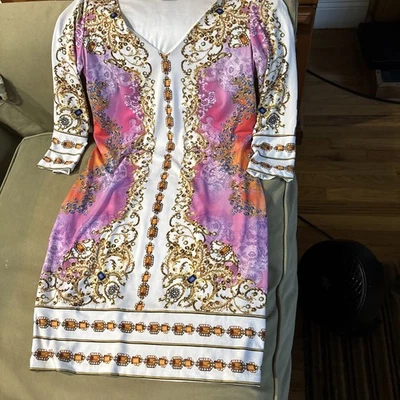Sagaie Dress France Ornate Print V-Neck Dress with 3/4 Sleeves Sz 2 - Photo 1/4