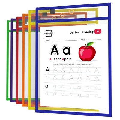 Scribbledo Reusable Dry Erase Sleeves, 6 Pack with Marker Holder, Colorful Pocke