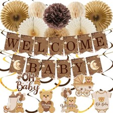 Baby Shower Decorations Set, Teddy Bear Welcome Baby Banner with Hanging Swir...