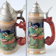 0,5 L GERZ Bierseidel Deckelbierkrug Relief handbemalt Zinndeckel Fuchsgriff