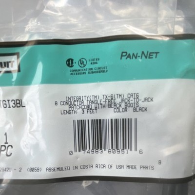Panduit Cat 6 RJ-45 Patch Cord 3ft Black Tangle-Free UTPCIGI3BL