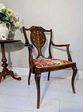 Victorian Open Armchair Marquetry Inlaid Shield Back Newly Reupholstered Seat 