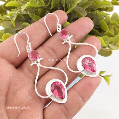 Pear Pink Turmalin Stein 925 Silber Handgefertigte Drop Dangle Ohrhänger