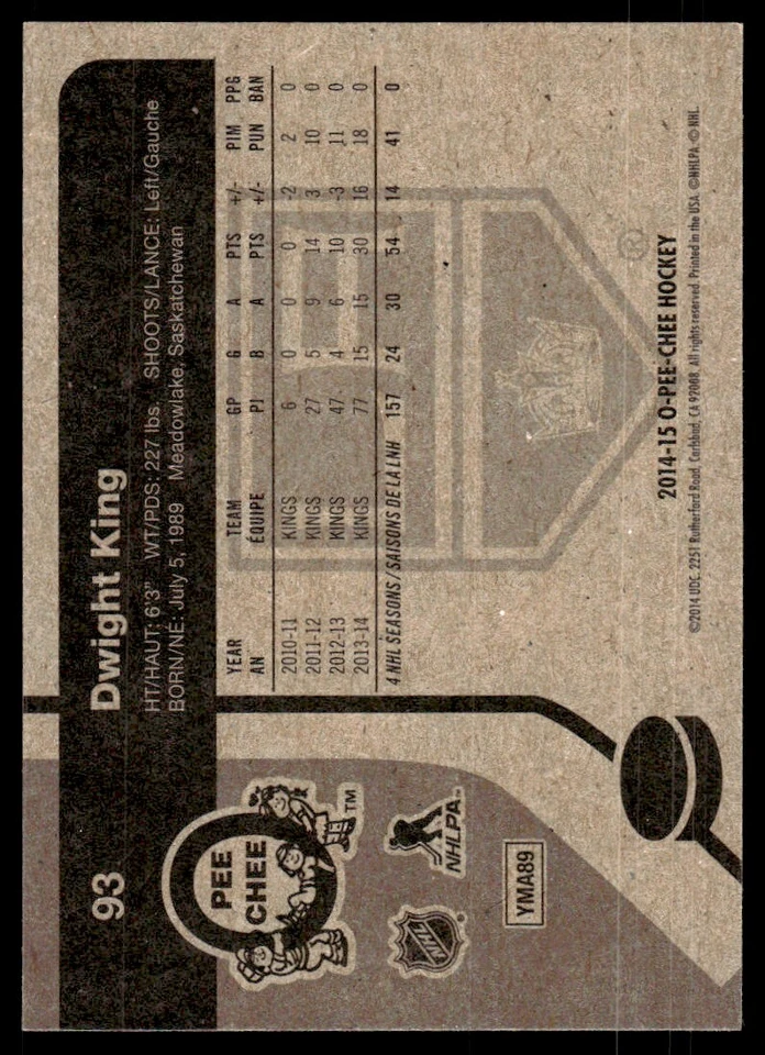 2014-15 O-Pee-Chee RETRO  Dwight King Los Angeles Kings #93 R50 - Image 2 of 2