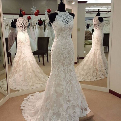 Mermaid Wedding Dresses Lace Appliques Halter Neck Sleeveless Long Bridal Gown