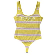 Guess Originals Women s Small Yellow Pink Striped Embroidered Logo Tank Bodysuit