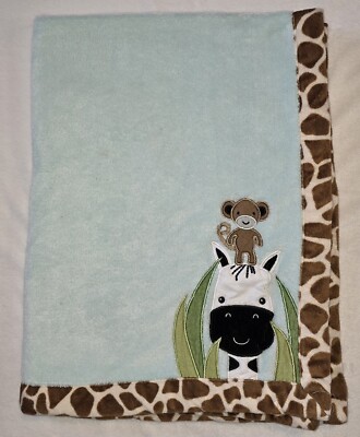 Lambs & Ivy Giraffe Spot Brown Tan Trim Baby Blanket Blue Zebra Monkey
