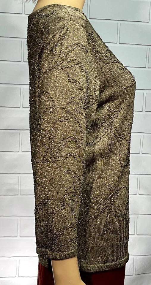 Carmen Marc Valvo Collection Gold Fancy Beaded Formal 3/4 Sleeve Top Blouse L - Image 4 of 4