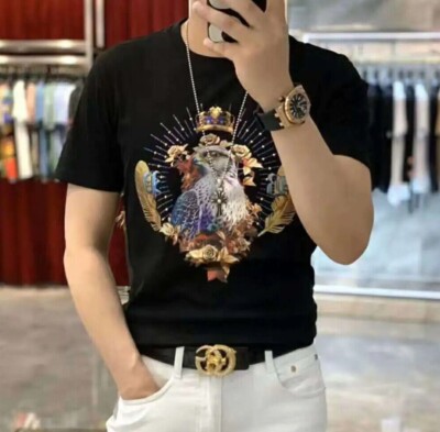 New Men Luxury Eagle Rhinestones Fashion Black White T-Shirt High Quality