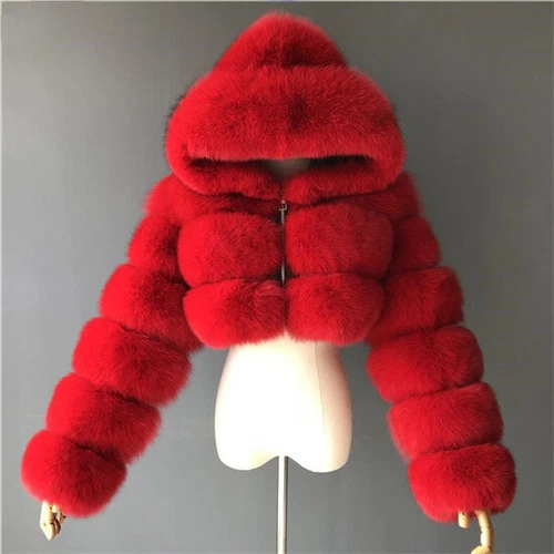 Damen-Winterjacke Kunstfellkapuze kurz geschnitten Oberteil Mantel warm Oberbekleidung Geschenke UK - Bild 8 von 50