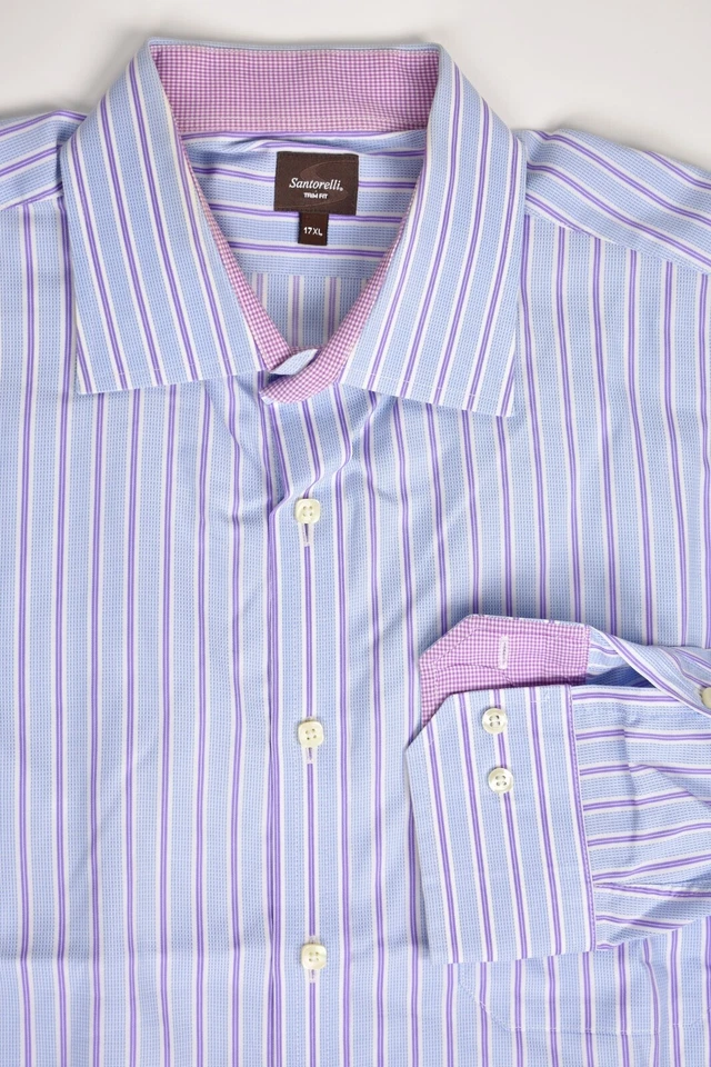 Santorelli Light Blue/Purple Striped Spread Collar Trim Fit Long Shirt Sz: 17XL - Image 2 of 4