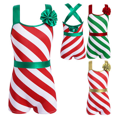 Girls Christmas Striped Short Unitard Ballet Dance Leotard Jumpsuit Bodysuits
