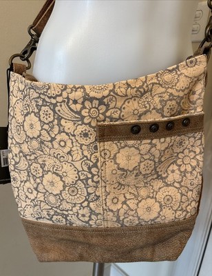 NEW MYRA Bag Canvas/Leather Crossbody Purse Apricot & Brown Adjustable Strap