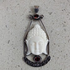 Buddha Face White Pendant Sterling Silver 925  and Garnets