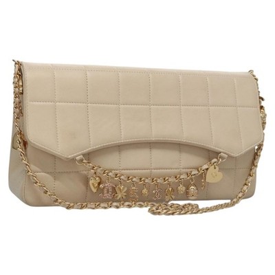 CHANEL Choco Bar Chain Shoulder Bag Lamb Skin Ivory CC Auth 110166SAM