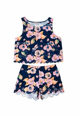 Marineblaues geblümtes Sommerkoordin-Set - passendes Top & Shorts | Urlaub Sommer | Größe 10/12