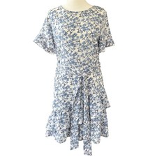 Banana Republic Blue White Floral Ruffle Tie Waist Dress Women's 8 Cottagecore