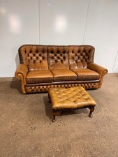 Brown Leather 1980s Chesterfield 3 Seater Sofa & Footstool | Delivery Available