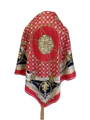 PIERRE BALMAIN Paris Silk Scarf Baroque Medallion Fleur de Lys Red Blue #A13