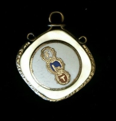 ANTIQUE GOLD FILLED ENAMEL & MOTHER OF PEARL ODD FELLOWS FLT WATCH FOB 
