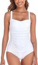 WOMEN WHITE SWIMSUIT RUCHED PADDED TUMMY CONTROL SWIMSUIT  SIZE L 