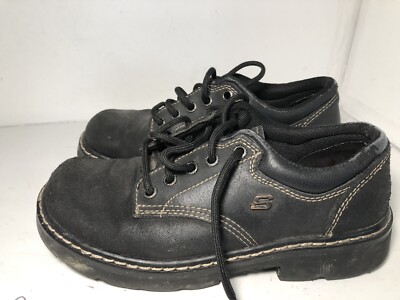 Skechers Vintage Chunky Platform Black Leather Shoes Womans Size