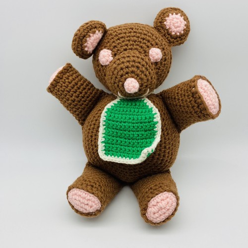 Handmade Crochet Brown Bear wearing Green Bib Plush Animal Toy vintage