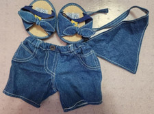 BAB Build a Bear DENIM Blue Jean Set SHORTS SANDALS SCARF Shoes Bows Unused