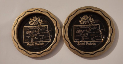 Vintage Pair of North Dakota State Map Gold & Black Tin Souvenir Drink Coasters