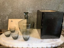 Vtg. Sussmuth Glass Smoke Gray LA Reine" Decanter Set Box 1950's Barware MCM