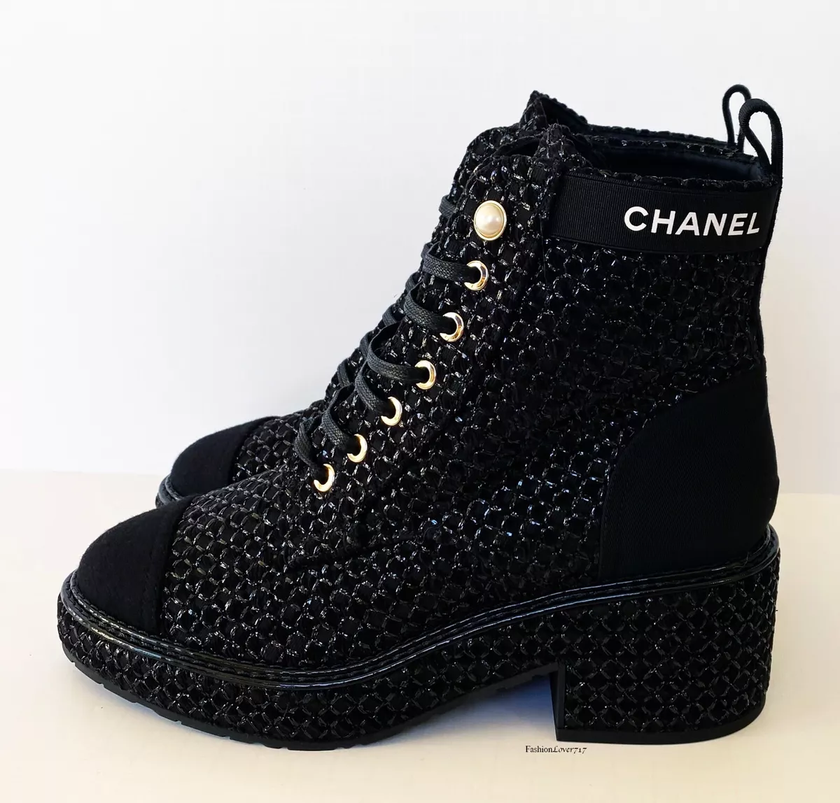 NEW 2021 CHANEL TWEED GROSGRAIN CC LOGO ANKLE COMBAT 37 eBay