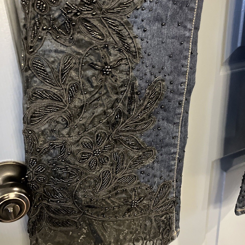 Style New York Womens 10 Black Lace Beaded Hem Dark Wash Blue Denim